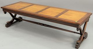 Baker Rosewood and pecan coffee table, having curule dolphin base, ht. 16 in., top: 21" x 60".