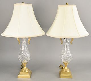Pair of Waterford crystal lamps with brass bases and Waterford shades, ht. 34 in.