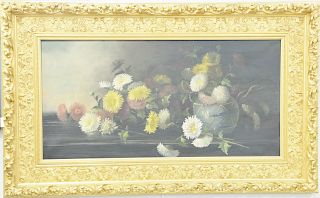 Large oil on canvas still life of flowers, unsigned, in Eastman Chase Victorian gilt frame. 18" x 36".