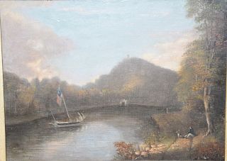 Artist unknown, oil on board, landscape with pond boat flying American flag, Mirror Lake at Hubbard Park view of Castle Craig, signed illegibly, havin
