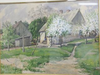 George Elbert Burr (1859-1389), watercolor, "Houses with Blossoming Trees", signed lower right G. Burr. 13 1/2 in. x 18 1/2 in.