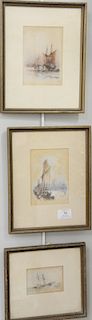 Three Frank Norie paintings, watercolor, "Ship at Sea" sight size 2 3/4 in. x 4 in., "Docks", sight size 6" x 4", "Unloading at Shore". sight size 5 3