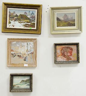 Group of fourteen paintings to include oil on board landscape with cows, (unsigned) two oil on board signed "Rackbowa", seascape and bust, snowscape w