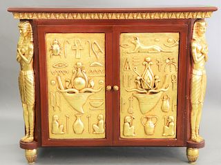 Egyptian style two door cabinet, late 20th century, height 35 in., top 18" x 43".