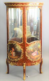 Louis XV style bowed glass Vitrine with marble top. ht. 65 in., wd. 36 in.