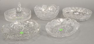 Group of five American Brilliant cut glass bowls, including handled dish with etched strawberries (ht. 4 1/4 in., dia. 8 1/4 in.), oval bowl and three