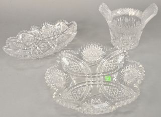 Three American Brilliant cut glass pieces, having round ice cream dish (dia. 12 in.) and a basket with strawberries (11 1/2 in.) and flower design (5 