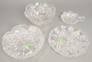 Group of four American Brilliant cut glass, to include a bowl marked Corning, J. Hoare & Co. (dia. 9 1/4"), 1853, bowl having maple round dish leaf ma
