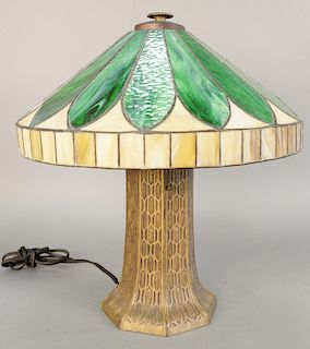 Leaded glass table lamp shade having large leaves with carmel boarder, on wheat design base, possibly Duffner and Kimberly, circa 1920. ht. 22 in., sh