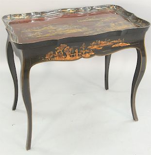 Louis XV style Chinoiserie decorated table, with gallery, 20th century. ht. 29 in., top 21 1/2 x 35 in.