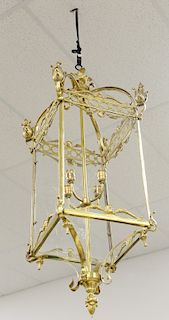 Pair of brass hall lights, missing seven of eight glass panels, not wired. ht. 50 in., wd. 20 in., dp. 20 in.