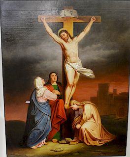 Large 18th/19th century religious oil on canvas of Christ on a cross, unsigned, 51 1/2" x 40".