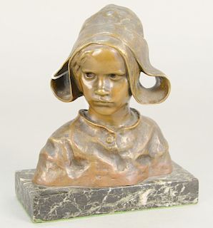 Ruth Anna Maria Milles (1873-1941), "Jeune Fille Au Bonnet", bronze of bust of girl on granite base signed and inscribed with foundry mark on back rig