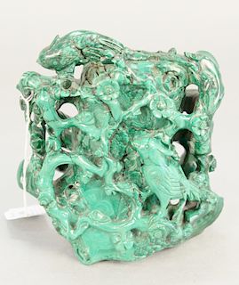 Malachite Chinese Carved Tree Trunk Vase, three dimensional, drilled, sold at Sotheby's Nov. 20, 1973 for $950.00. ht. 6 1/4 in.