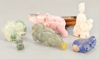 Group of five Chinese snuff bottles and figures, to include jadeite elephant snuff bottle, greyish green jade fish snuff bottle, hardstone elephant, l