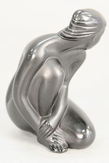 Lalique "Venus" crystal figure, nude girl kneeling in black glass, marked glass "Lalique France", ht. 4 in.