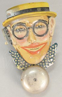 Harold Lloyd Bell ringing tin toy, funny face man with glasses and moveable eyes, made in Germany, height 6 1/4 in.