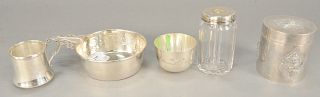 Five piece lot of silver with hand hammered porringer, along with crystal jar with sterling top. 13.4 t.oz.