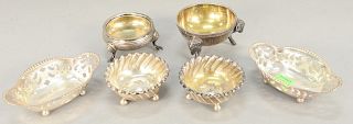 Group of Six Tiffany & Co. Sterling open salts, neoclassical white rams feet, 470, pair of pierced nut dishes 4342, and three additional Tiffany salts