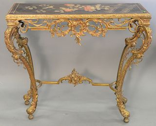 Brass hall table having top made of Chinese screen, ht. 32 in., top 13" x 36".