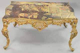 Louis XV style brass table, having Chinese panel top. ht: 16 in. top: 22" x 32".