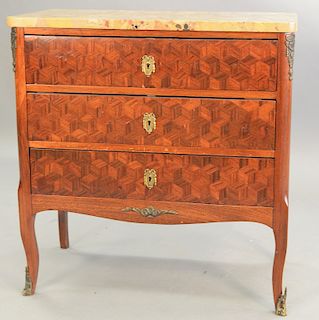 Louis XV style commode, with parquetry drawer fronts and having marble top, ht. 30 1/2 in., top 15 x 29 1/2 in.
