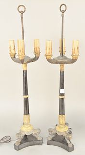 Pair of French Empire candelabras, three bronze arms on black slate shaft, on having three claw foot base, repaired shafts. ht. 34 in.