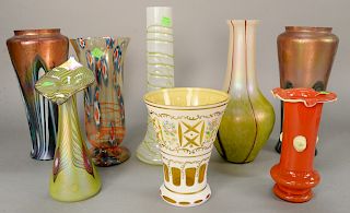 Eight art glass vases, Bohemian glass, Art Nouveau, Loetz etc., heights 7 1/2 in. to 13 1/2 in.
