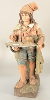 Dutch Polychrome terracotta figure, standing boy holding silver plated tray, ht. 28 1/2 in.