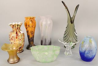 Group of eight art glass vases to include iridescent vase with ruffle rim, Steuben vase, two vases having chipped ice design, possibly Loetz along wit