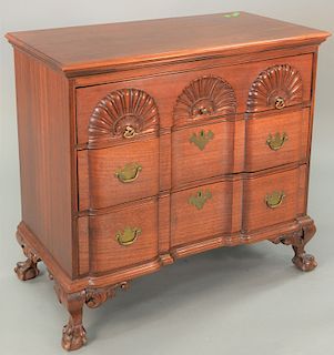 Custom Mahogany block front three drawer chest, on ball and claw feet, ht. 34 1/2in., top 19 x 38in.
