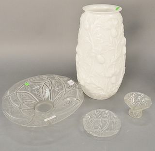 Four piece Phoenix consolidated art glass group, to include large thistle vase, "Martele" large flared bowl, small vase, and a small dish. tallest 17 