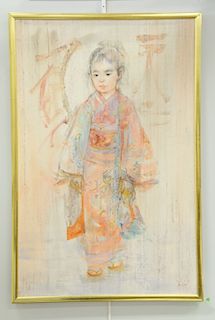 Edna Hibel Plotkin (1917-2015), oil on canvas mounted on board, young Asian girl, signed lower right Hibel, sight size, 29" x 19".