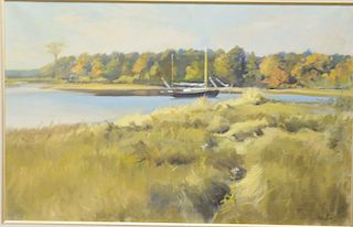 Frank W. Handlen (b. 1916), oil on canvas, "Ocean Cove with Sailboat", signed lower right Handlen. size 24" x 36".