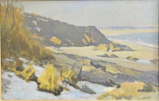 Frank W Handlen, oil on canvas, "Ocean Rocky Beach", 1916, lower right signed Handlen, sight size 20" x 16".