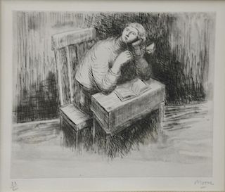 Etching by Henry Moore (1898-1986), "Thinking at a Desk", pencil signed lower right "Moore", numbered in pencil lower left, 23/50, sight size 9 1/4" x
