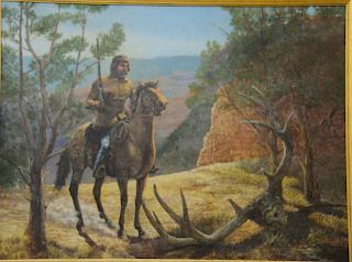 Tom Powell, oil on canvas of western landscape with hunter on horseback, signed lower right Tom Powell 1986. 30" x 40".