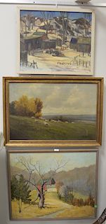 Three Paintings, oil on canvas, winter landscape, signed illegibly, 20" x 24", fall landscape with barn, signed lower right D Crois, 25" x 30", oil on