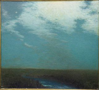 Albert Pike Lucas (1862 - 1945), oil on canvas, "Night Sky Landscape with River", signed lower left Albert P. Lucas. 35" x 51".