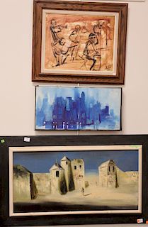 Group of three contemporary paintings to include Tosi, oil on canvas, Figure in desolate landscape; Weintraub Blue Astraction City, oil on canvas, sig
