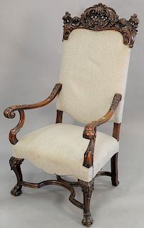 Walnut continental arm chair. ht. 54 in., wd. 29 in.