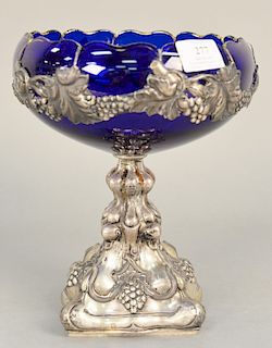 Cobalt blue compte mounted with repousse silver, fruit and leaves on silver base, ht. 10 1/4".