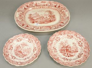 Large group of red and white Staffordshire to include two large trays, set of twelve Asiatic scenery dinner plates, nine Asiatic scenery luncheon plat