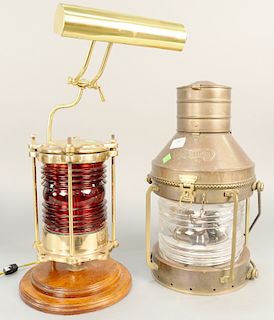 Two Brass Ships Lanterns, one with red glass mounted on wood, made into a lamp, heights 18in. and 24in.