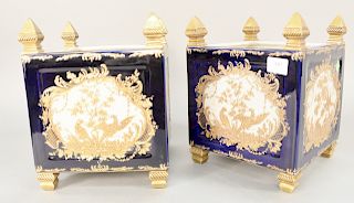 Pair of porcelain square planters with bronze finial corners, royal blue with gilt landscape scene with birds on bronze feet, ht. 12 1/2 in., top 9 3/