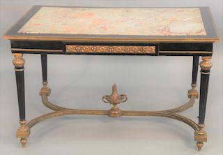 Continental ebonized center table, having inset marble top bronze trimmed with bronze mounted frame legs and stretcher, (marble cracked), ht. 28 in., 