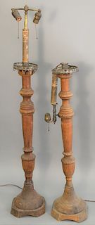 Pair of unusual wooden candlestick floor lamps. ht. 50 in.