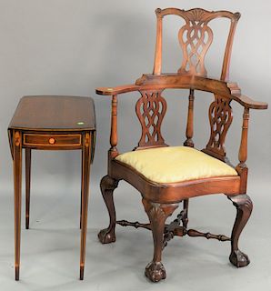 Two Piece Lot to Include Custom Mahogany Chippendale Style Corner Chair, with ball and claw feet early 20th century along with banded inlaid mahogany 