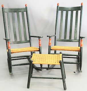 Pair of porch rockers, one with footstool and woven seats, ht. 44 in.