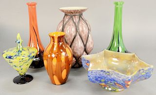 Six piece lot art piece glass group, to include a pair of tall vases, covered vases, orange and black vase, star canter bowl, and a cage blown vase, a